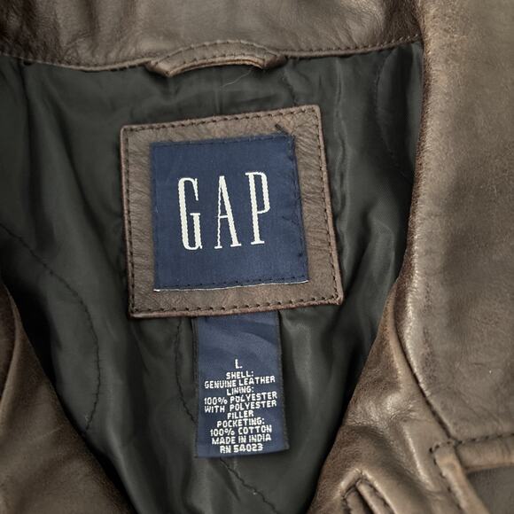 Vintage GAP Jacket Genuine Leather Coat Sz L Brown Lined Heavyweight Button Up - Picture 2 of 11